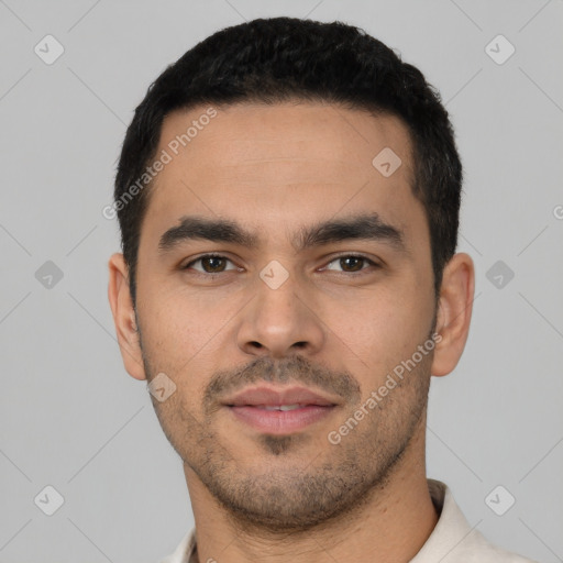 Neutral latino young-adult male with short  black hair and brown eyes