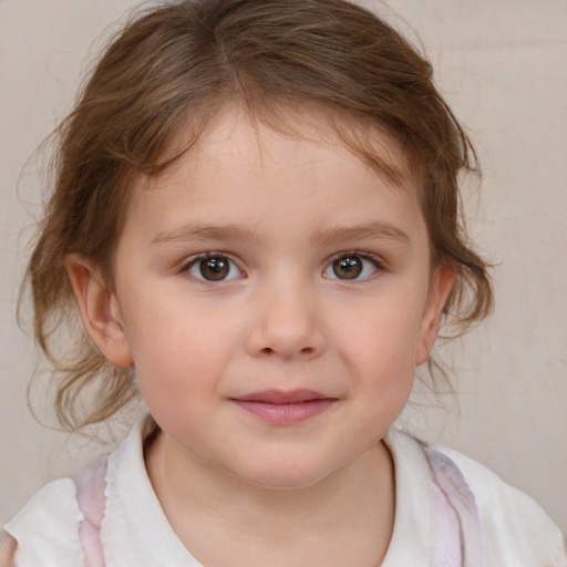 Joyful white child female with medium  brown hair and blue eyes