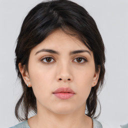 Neutral asian young-adult female with medium  brown hair and brown eyes