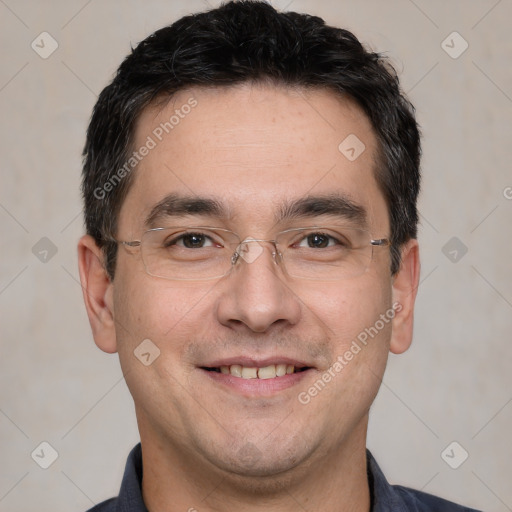 Joyful white young-adult male with short  black hair and brown eyes