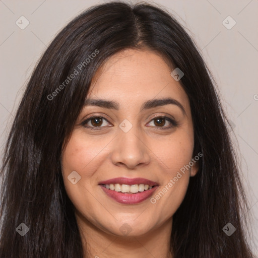 Joyful white young-adult female with long  brown hair and brown eyes