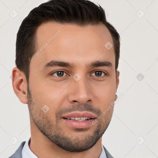 Joyful white young-adult male with short  brown hair and brown eyes