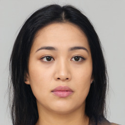 Neutral asian young-adult female with long  brown hair and brown eyes