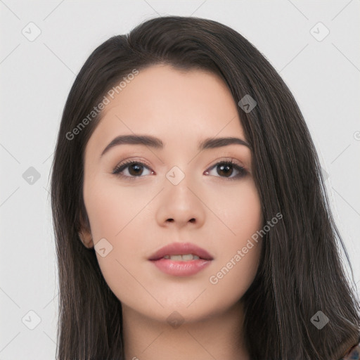 Neutral asian young-adult female with long  black hair and brown eyes