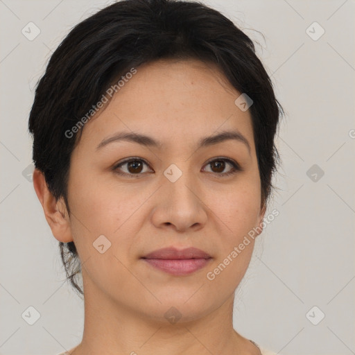 Joyful asian young-adult female with short  brown hair and brown eyes