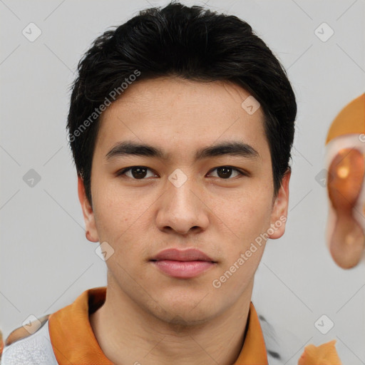 Neutral asian young-adult male with short  black hair and brown eyes