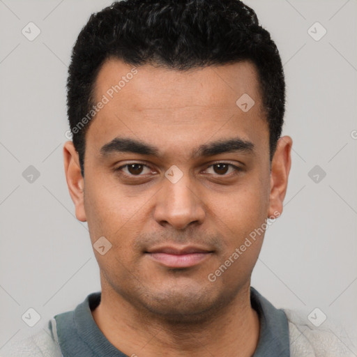 Neutral latino young-adult male with short  black hair and brown eyes