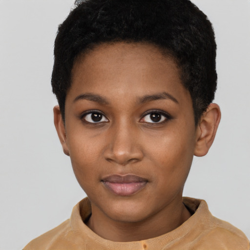 Neutral black young-adult female with short  black hair and brown eyes