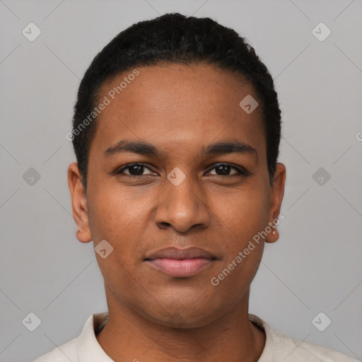 Joyful black young-adult male with short  black hair and brown eyes