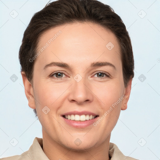 Joyful white young-adult female with short  brown hair and brown eyes