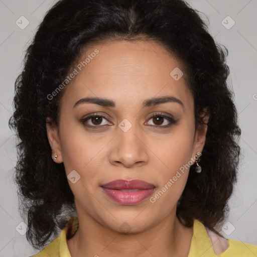 Joyful latino young-adult female with medium  brown hair and brown eyes