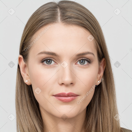 Neutral white young-adult female with long  brown hair and grey eyes