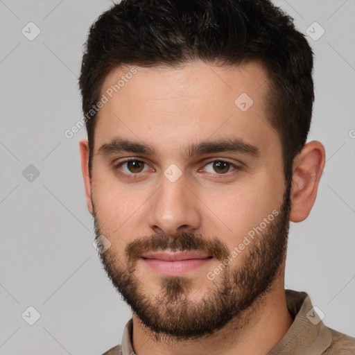 Neutral white young-adult male with short  brown hair and brown eyes