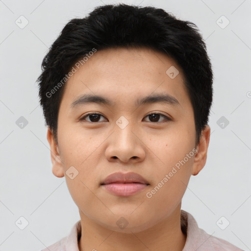 Neutral asian young-adult male with short  black hair and brown eyes