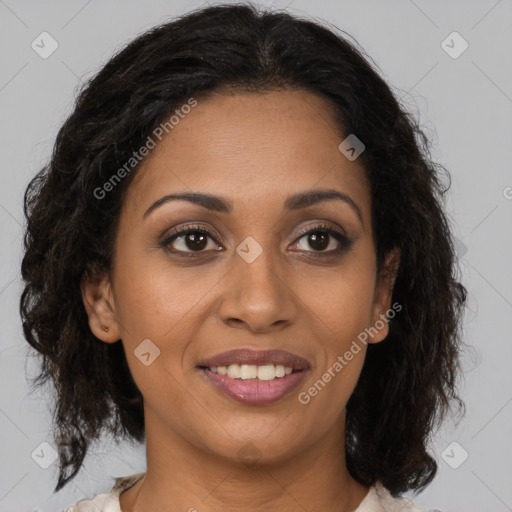 Joyful black young-adult female with medium  brown hair and brown eyes