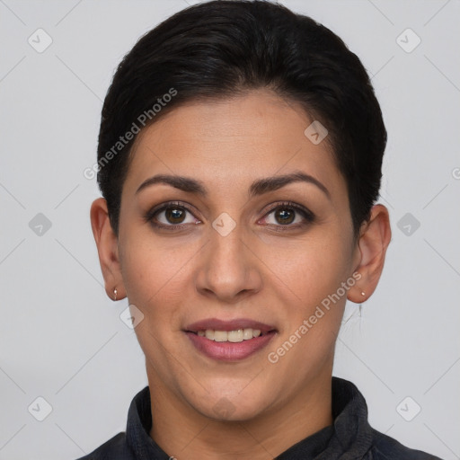 Joyful white young-adult female with short  brown hair and brown eyes