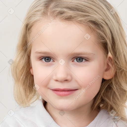 Joyful white child female with medium  brown hair and blue eyes