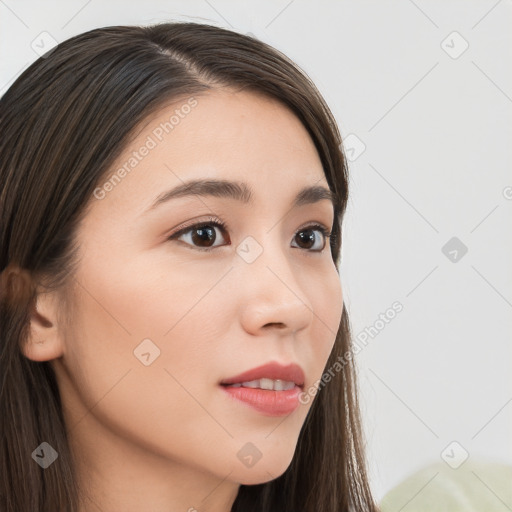 Neutral white young-adult female with long  brown hair and brown eyes