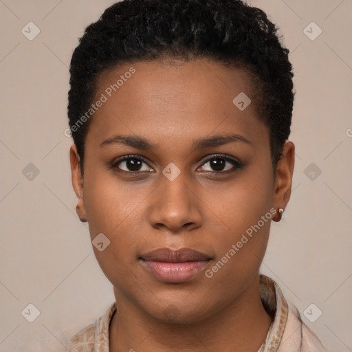 Neutral black young-adult female with short  brown hair and brown eyes