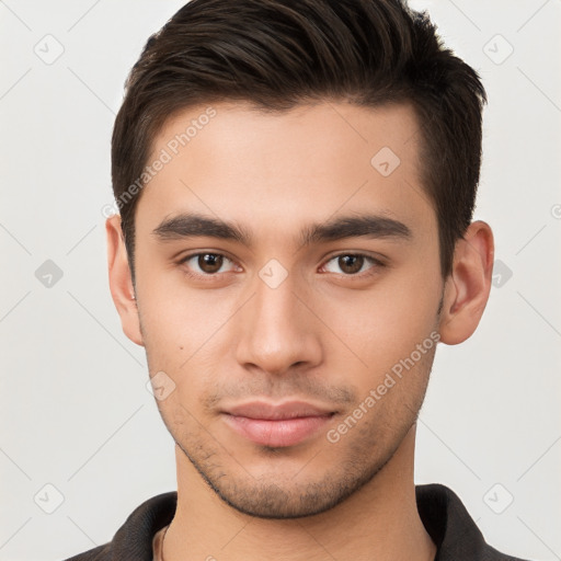 Neutral white young-adult male with short  brown hair and brown eyes