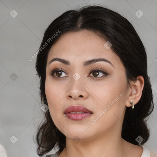 Neutral asian young-adult female with medium  black hair and brown eyes