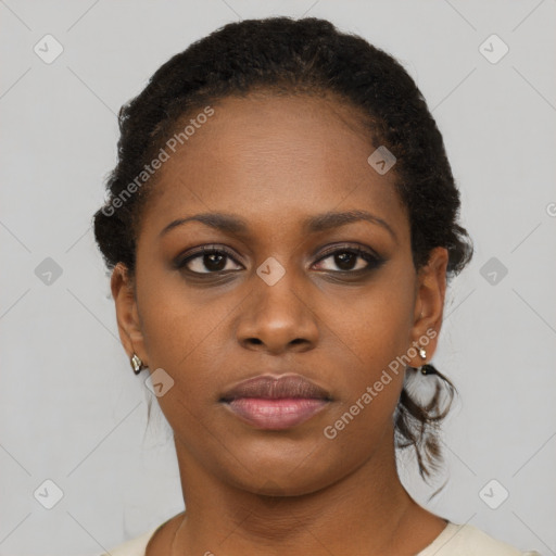 Neutral black young-adult female with short  brown hair and brown eyes