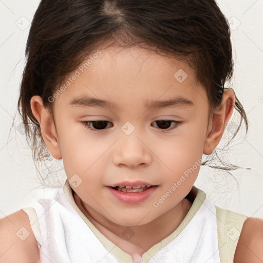 Joyful white child female with medium  brown hair and brown eyes