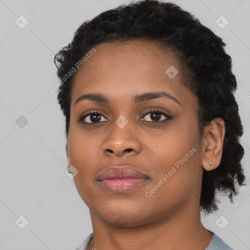 Neutral black young-adult female with short  black hair and brown eyes