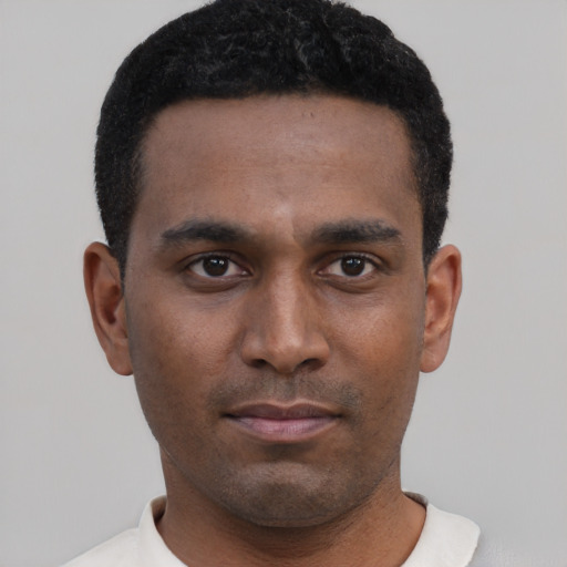Neutral black young-adult male with short  black hair and brown eyes