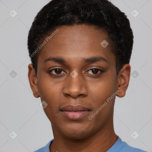Neutral latino young-adult female with short  black hair and brown eyes