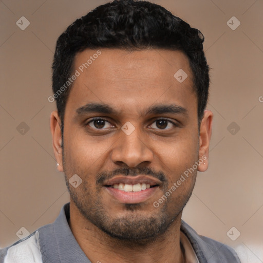 Joyful latino young-adult male with short  black hair and brown eyes