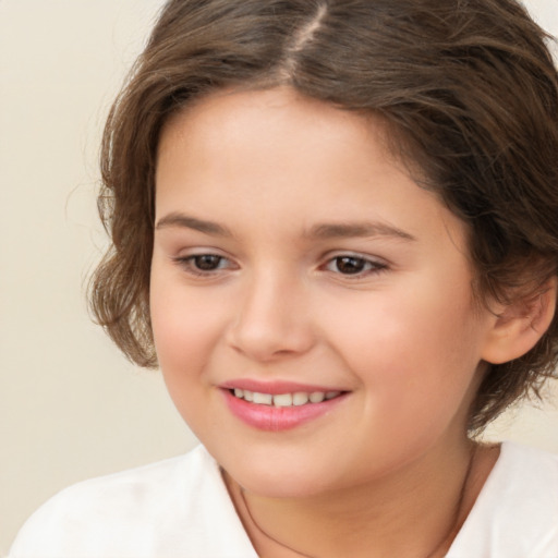 Joyful white child female with medium  brown hair and brown eyes