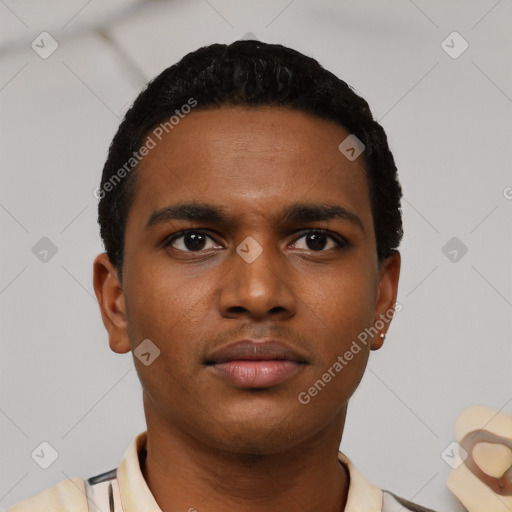 Neutral latino young-adult male with short  black hair and brown eyes