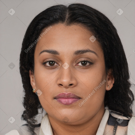 Neutral latino young-adult female with medium  brown hair and brown eyes