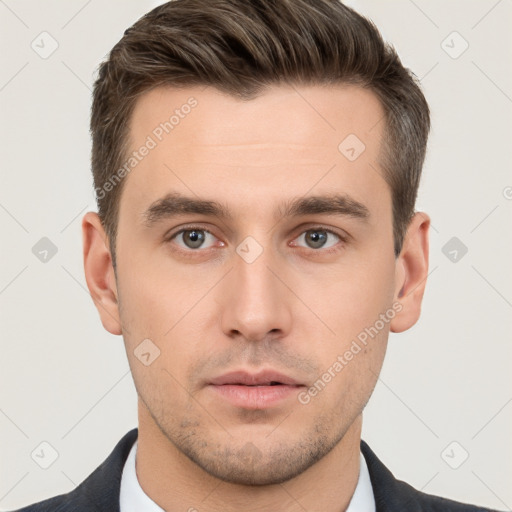 Neutral white young-adult male with short  brown hair and brown eyes