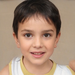 Joyful white child female with short  brown hair and brown eyes