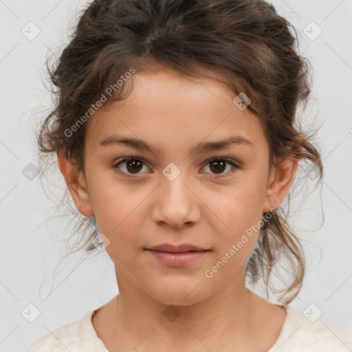 Joyful white child female with medium  brown hair and brown eyes