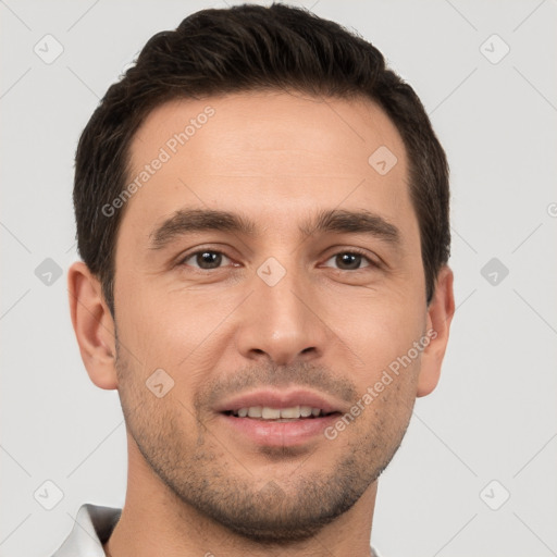 Joyful white young-adult male with short  brown hair and brown eyes