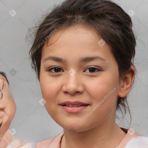 Joyful white child female with medium  brown hair and brown eyes