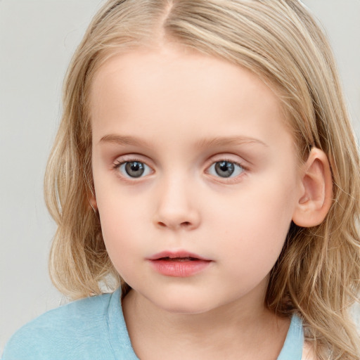 Neutral white child female with medium  brown hair and blue eyes