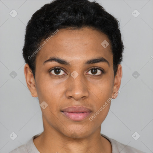 Joyful latino young-adult female with short  black hair and brown eyes