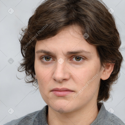 Neutral white young-adult female with medium  brown hair and grey eyes