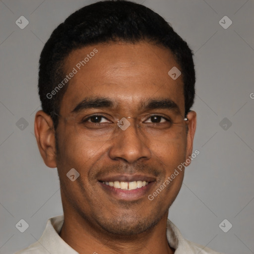 Joyful latino young-adult male with short  black hair and brown eyes