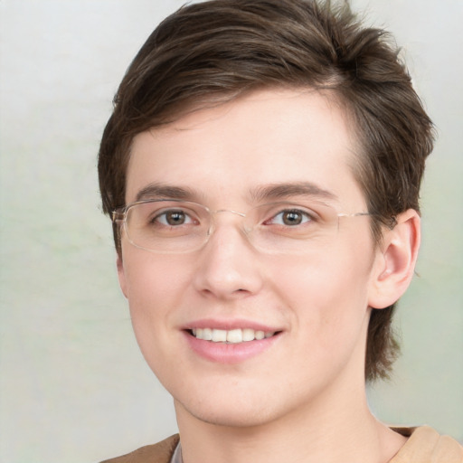 Joyful white young-adult female with short  brown hair and green eyes