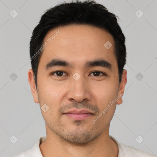 Neutral latino young-adult male with short  black hair and brown eyes