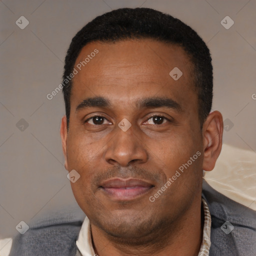 Neutral latino adult male with short  black hair and brown eyes