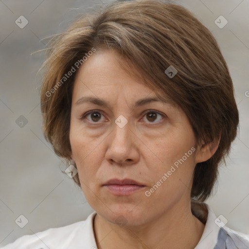 Neutral white adult female with medium  brown hair and brown eyes