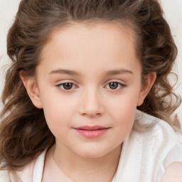 Joyful white child female with long  brown hair and brown eyes