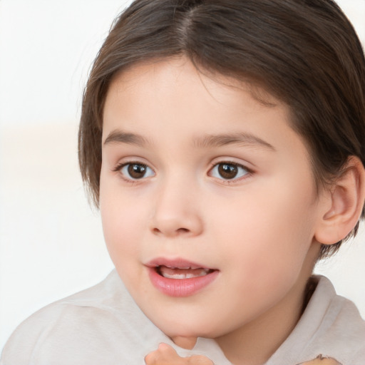 Joyful white child female with medium  brown hair and brown eyes