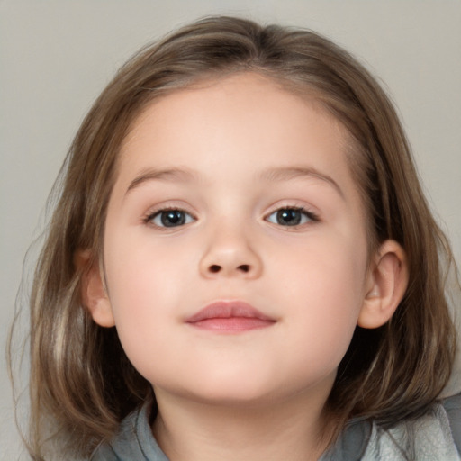 Neutral white child female with medium  brown hair and blue eyes